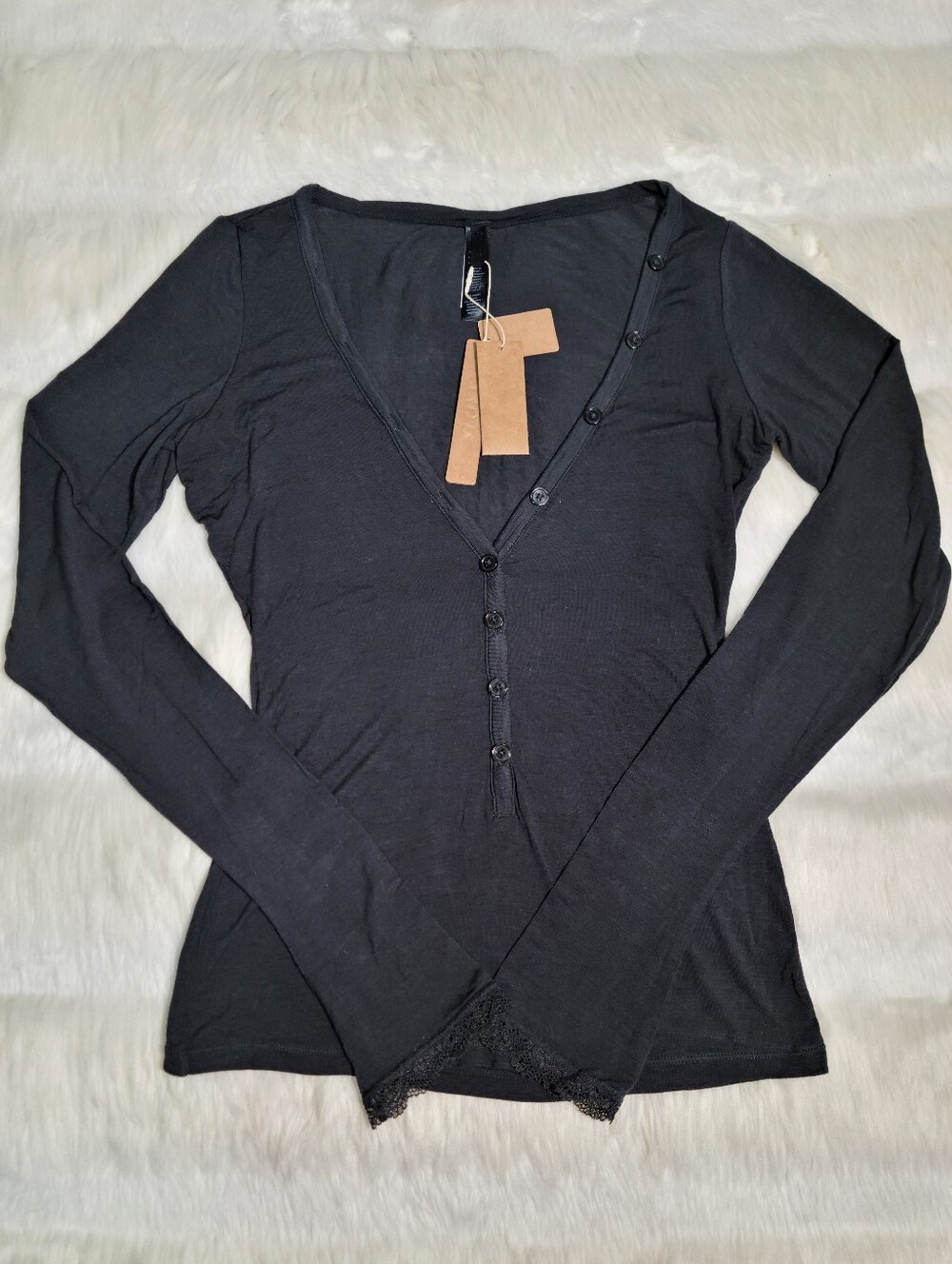 SKIMS Sheer Modal Long Sleeve Henley Top Black Onyx Women Small NEW
